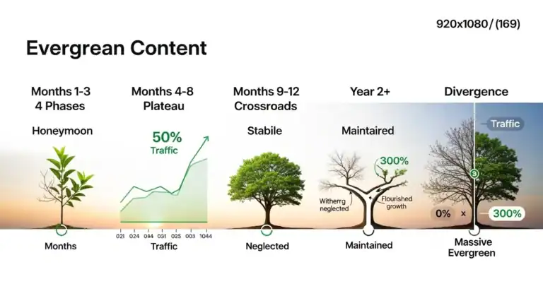 Evergreen Content Lifecycle: Honeymoon, Plateau, Crossroads, Maintained, Massive Evergreen. Traffic growth over time.